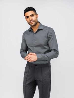 Men's Aero Zero Dress Shirt Charcoal Mini Grid and Men's Charcoal Kinetic Pintuck Pant on model
