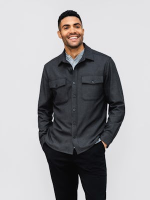 mens fusion overshirt charcoal heather on model in studio