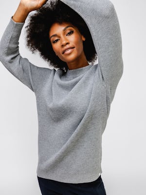 model wearing womens atlas waffle sweater grey heather on model in studio