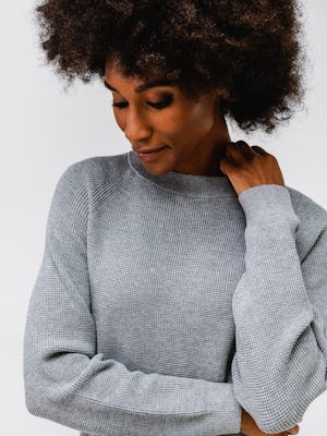 model wearing womens atlas waffle sweater grey heather on model in studio
