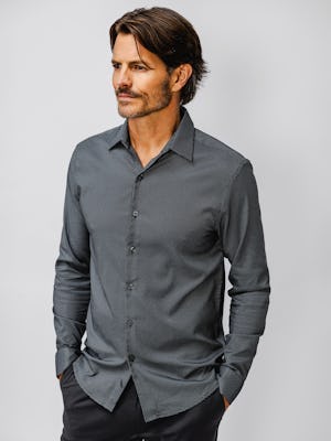 Men's Aero Zero Dress Shirt Charcoal Mini Grid on model