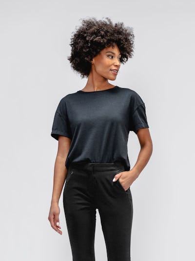 Women's Black Composite Merino Boxy Tee on model