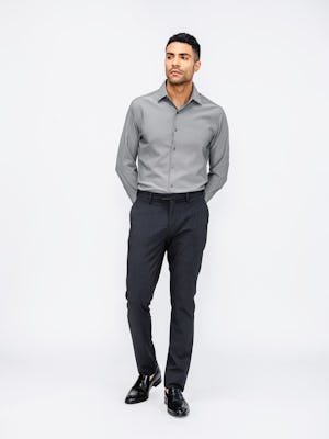 Men's Dark Charcoal Velocity Dress Pant and Charcoal End on End AeroZeroº Dress Shirt on model