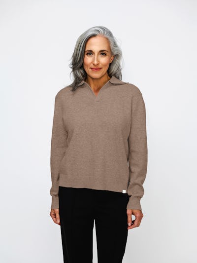 model wearing Women's Labs Atlas Polo Sweater coffee