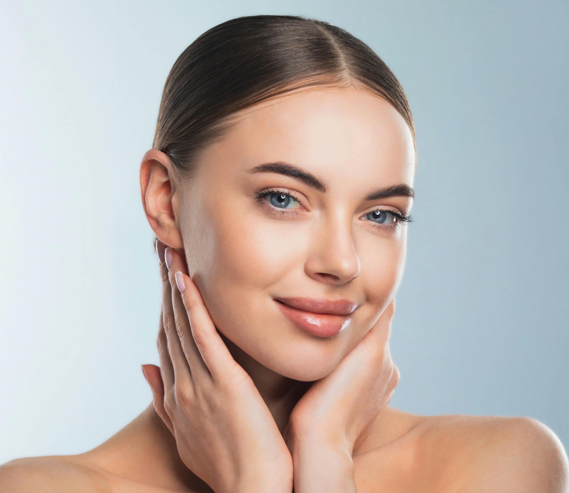 woman with hair tied back with her hands on her neck