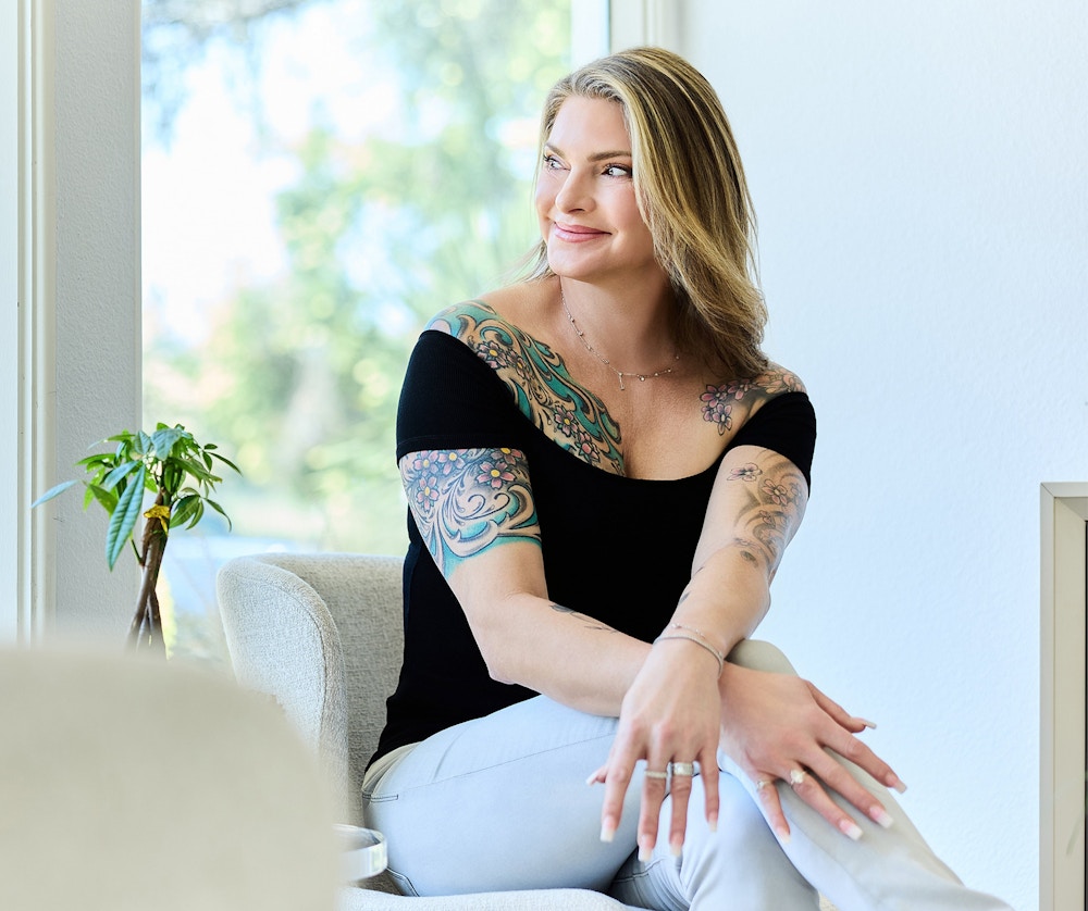 woman in a black shirt