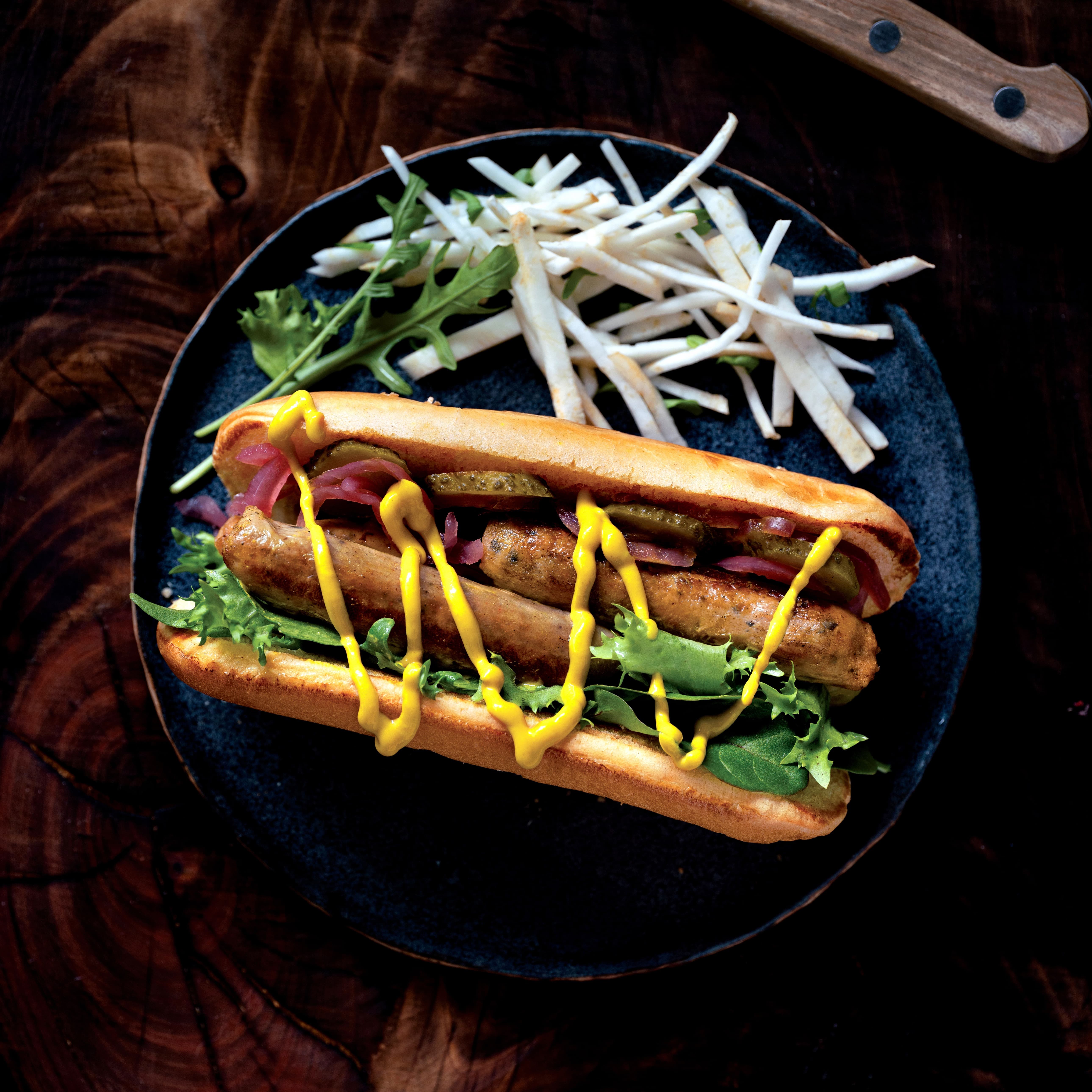 zoom of DK vegan hot dog