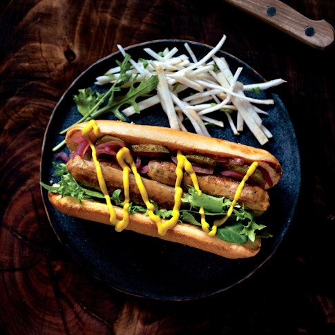 zoom of DK vegan hot dog