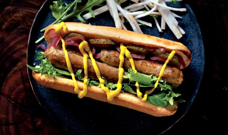 zoom of DK vegan hot dog