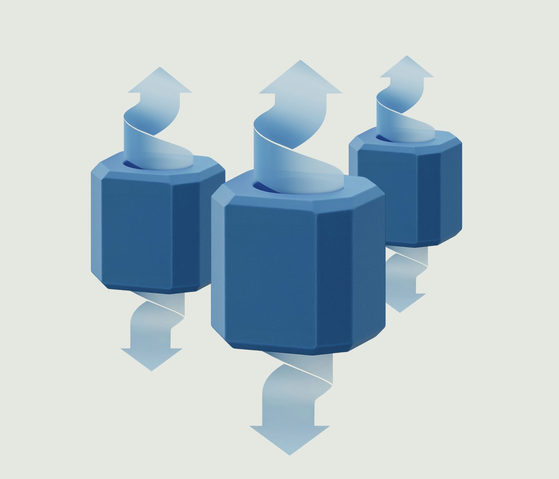 Tre dadi blu con frecce avvolte attorno, alcune puntano verso l'alto e altre verso il basso.