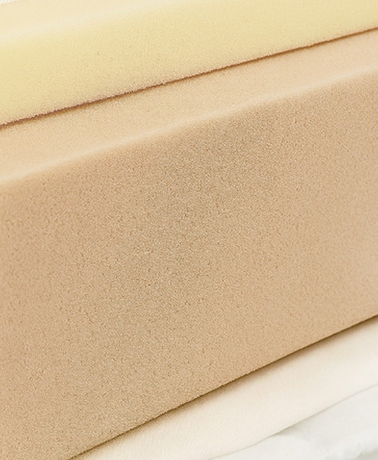 Pannelli in schiuma a densità variabile sovrapposti in tonalità crema e beige chiaro su superficie bianca.