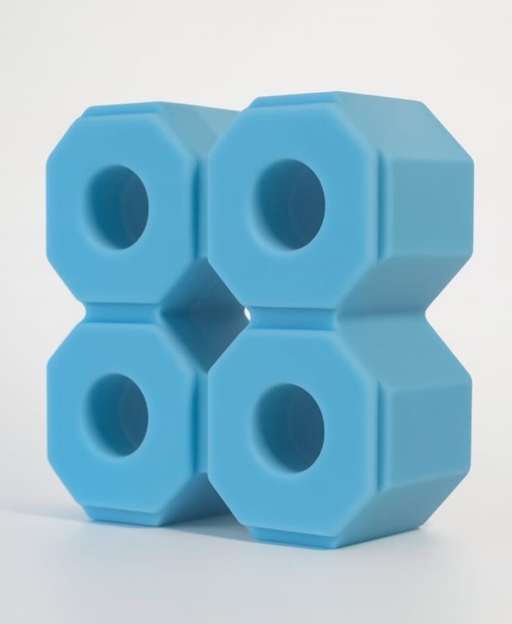 Blocchi giganti azzurri con fori centrali, impilati su sfondo bianco neutro.