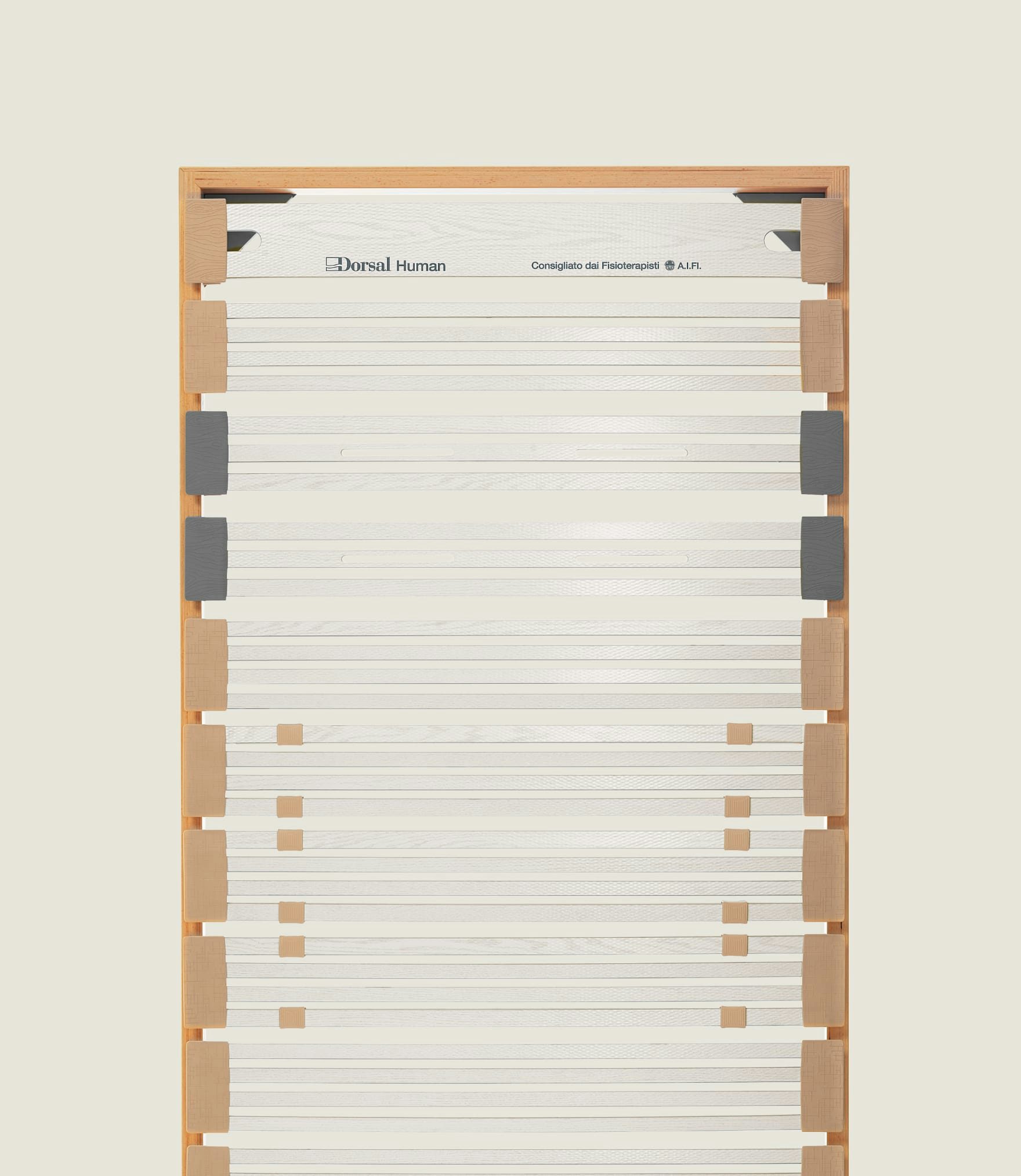 Struttura ortopedica con listelli in legno bianco e naturale per supporto letto, con scritta Dorsal Human consigliato dai…