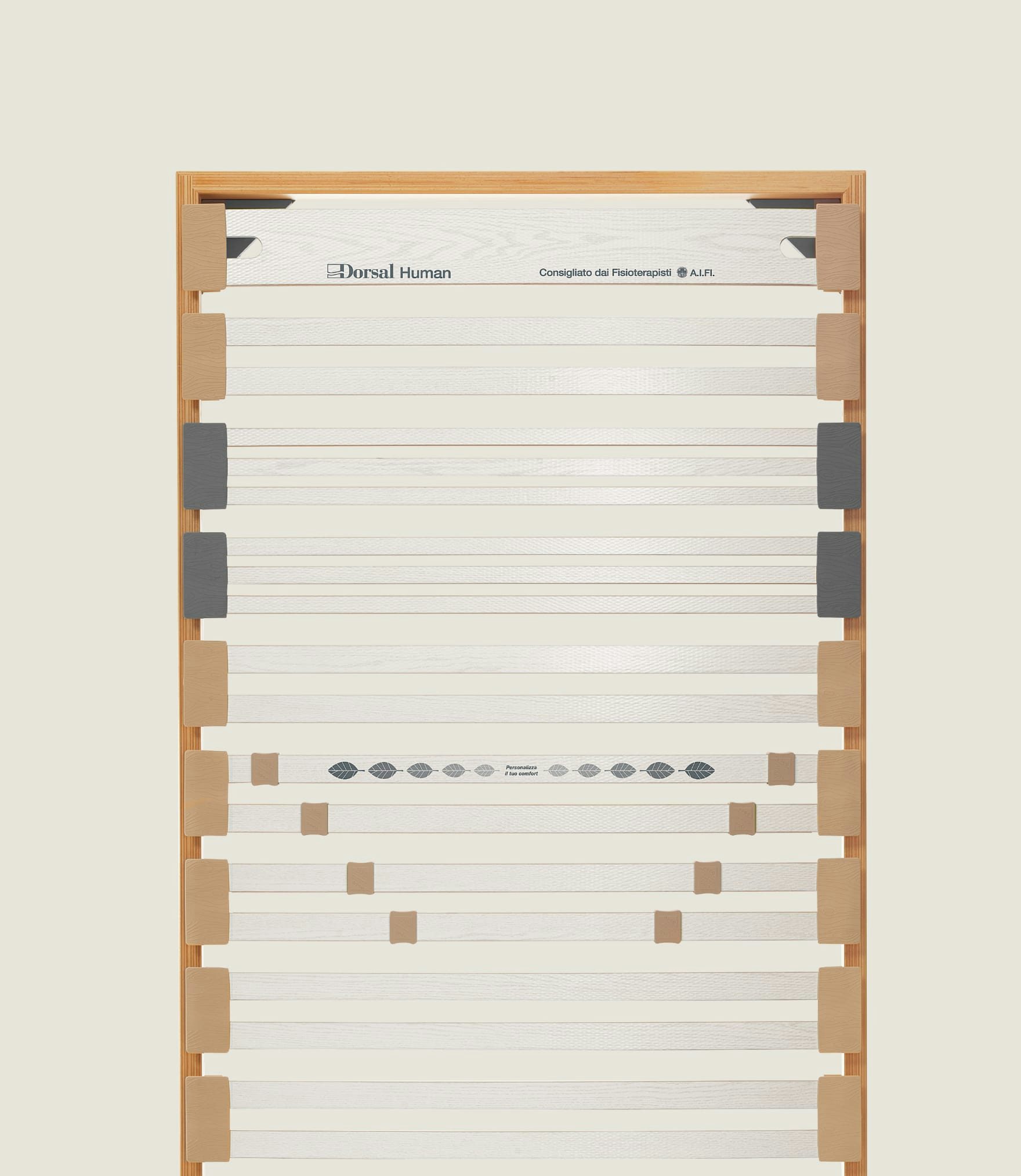 Rete letto in legno chiaro con listelli flessibili e supporti grigi e beige, testo personalizza il tuo comfort.