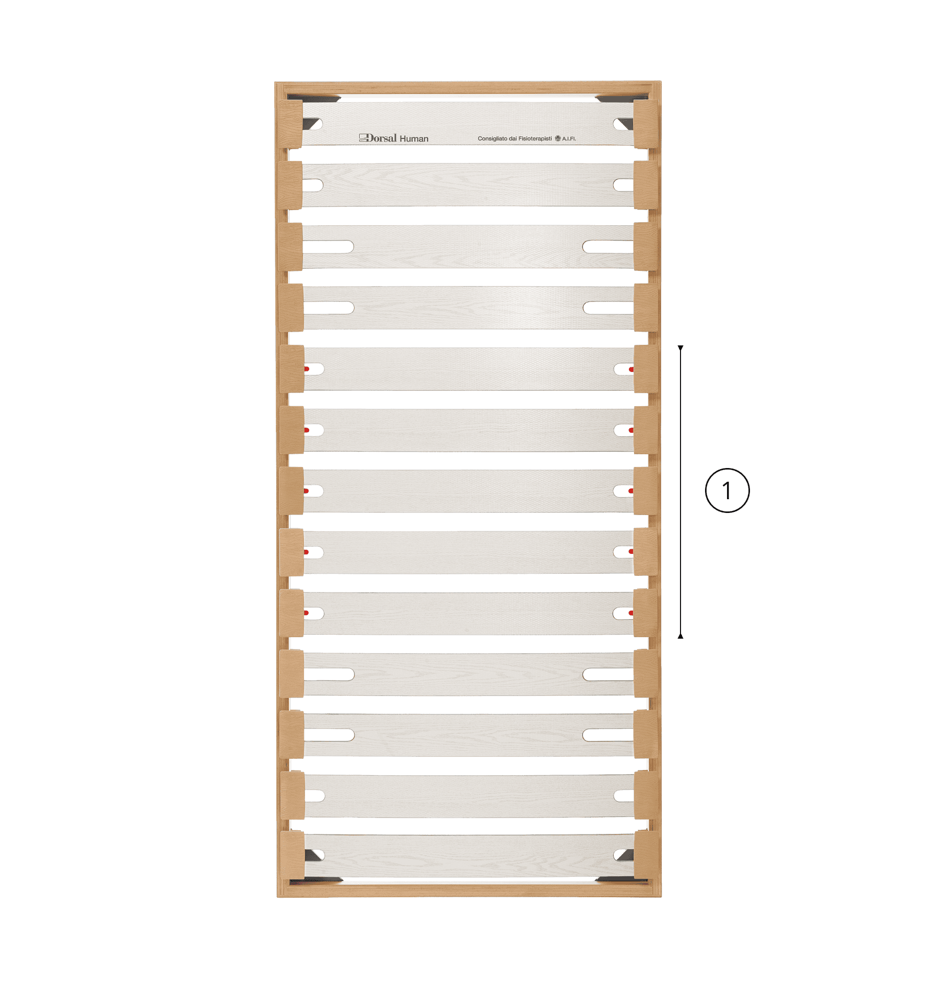 Supporto letto in legno con doghe bianche flessibili e telaio naturale, con testo dorsale e indicazioni di montaggio.