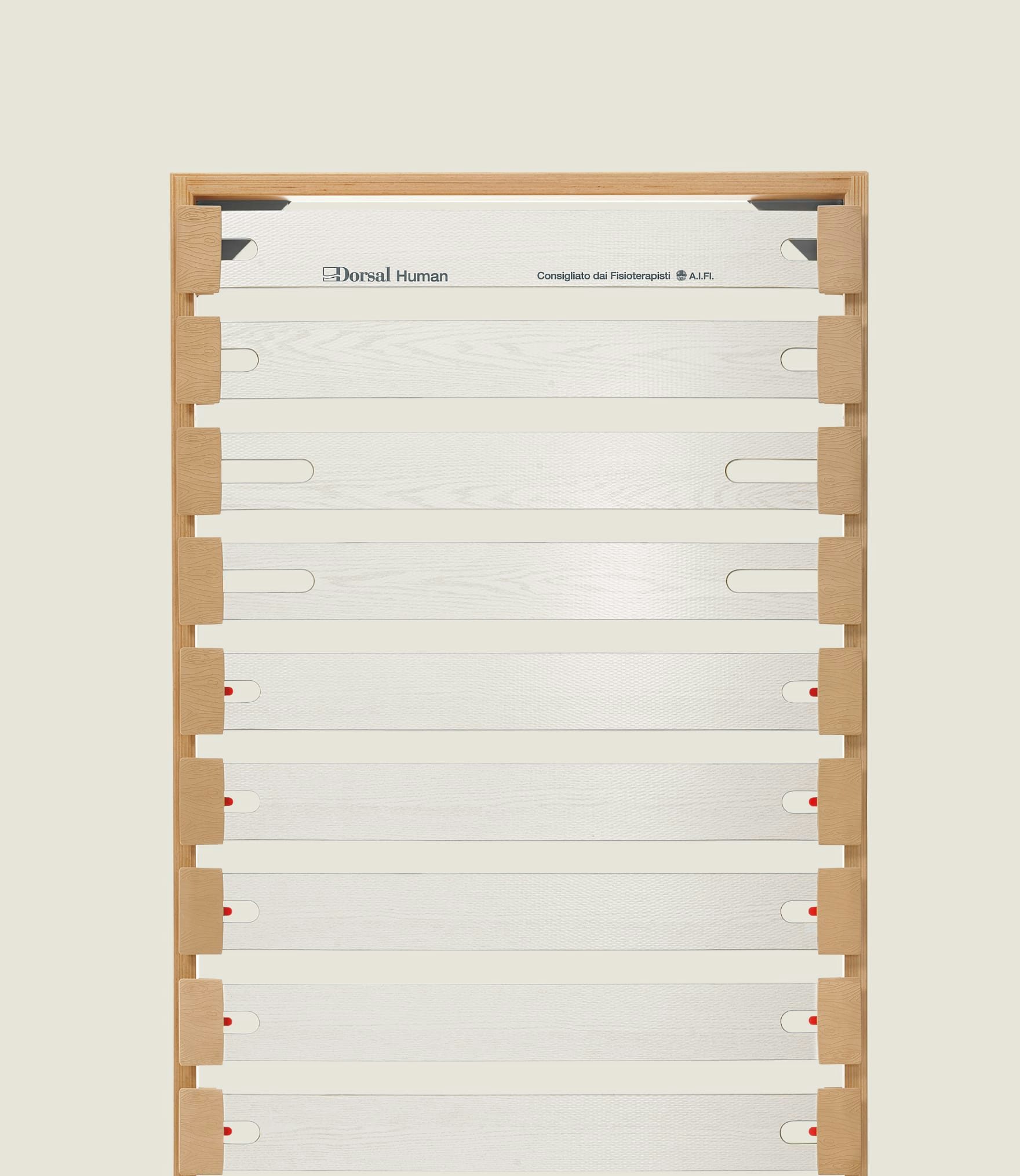 Rete letto con doghe in legno chiaro e tela bianca con scritta Dorsal Human consigliata dai fisioterapisti A.I.FI.