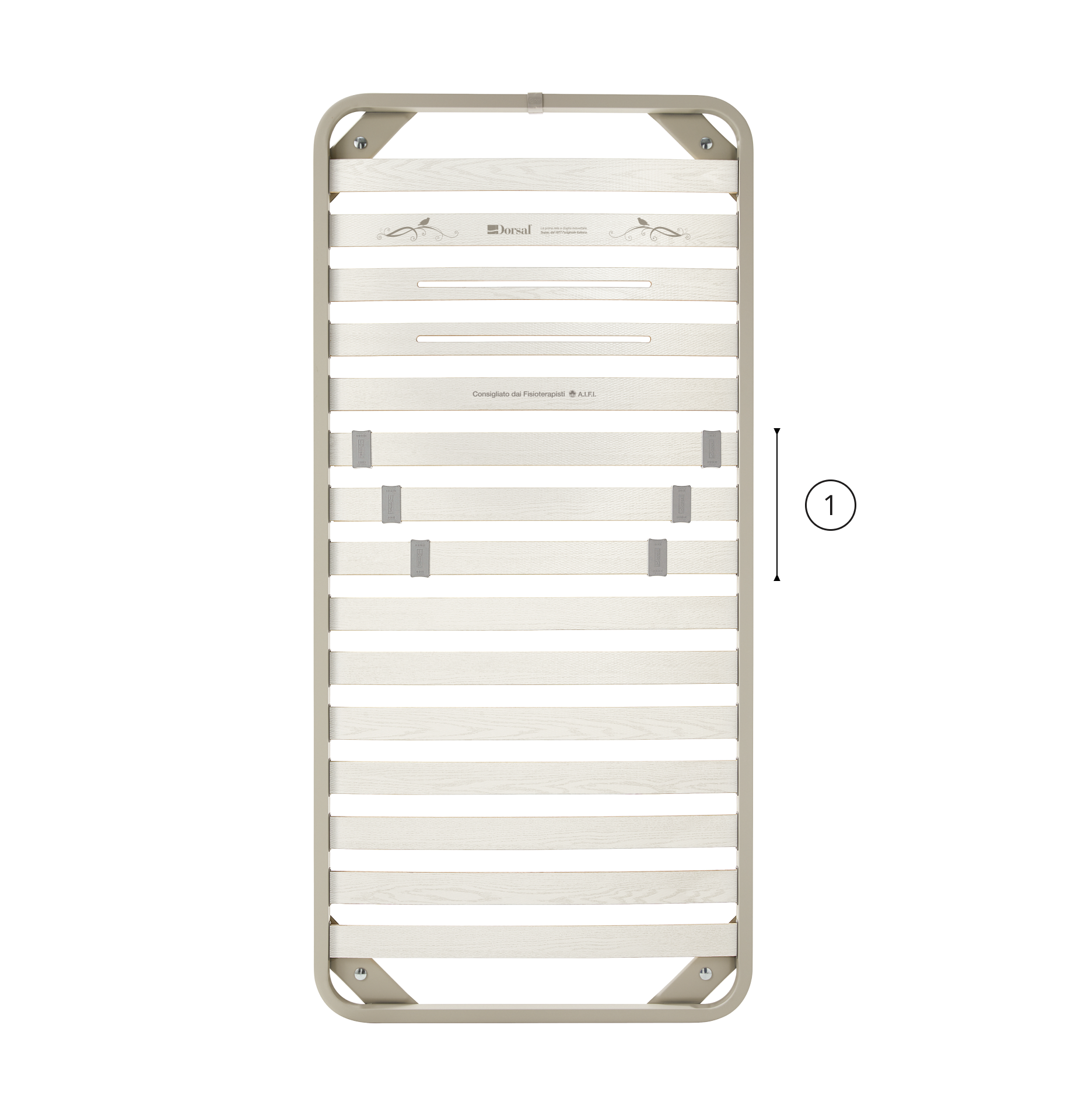 Rete letto a doghe orizzontali in legno chiaro con telaio rettangolare metallico beige, clip regolabili e scritte centrali.