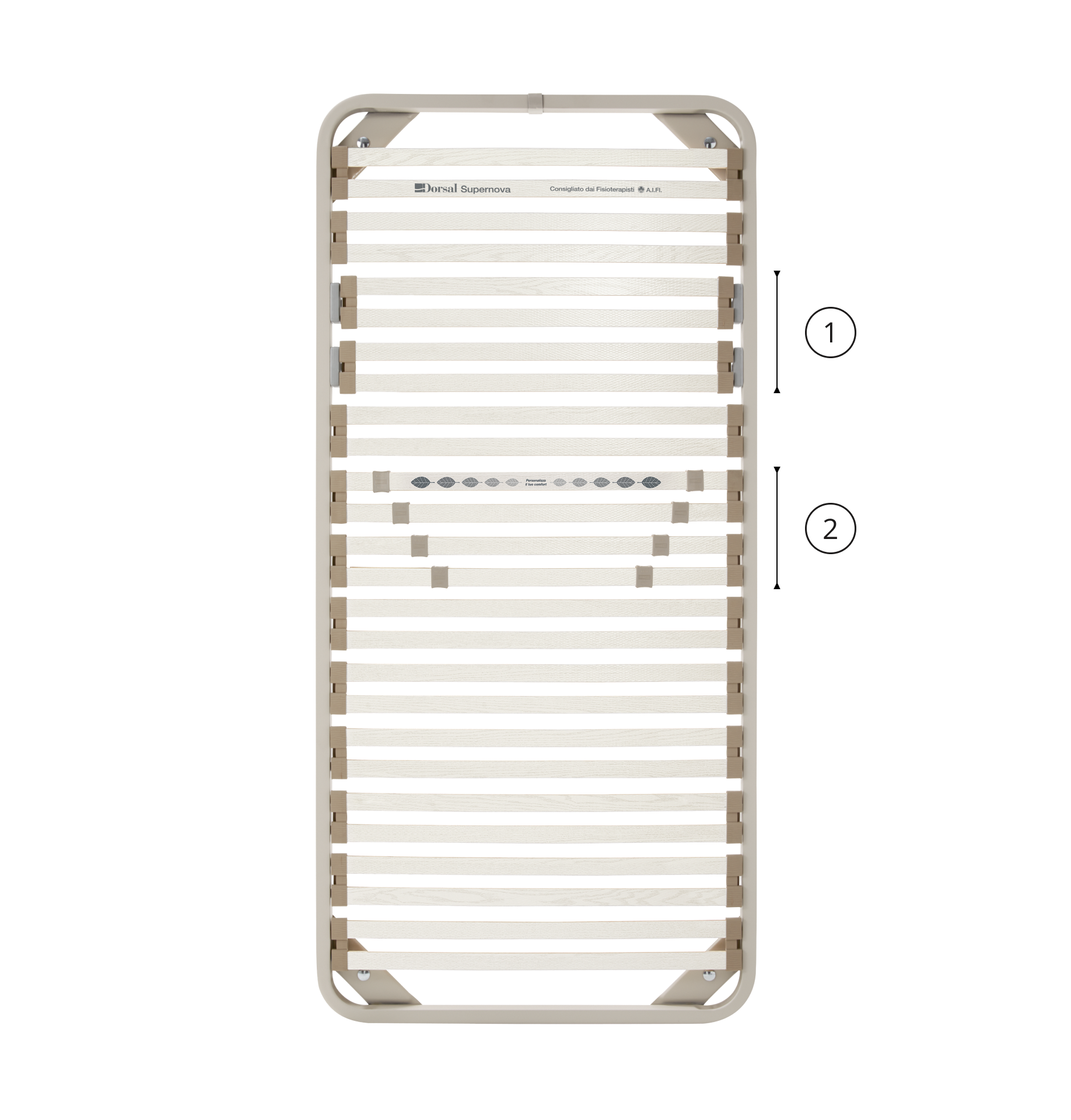 Rete ortopedica Dorsal Supernova con telaio in metallo beige e doghe in legno, regolatori di rigidità centrali.