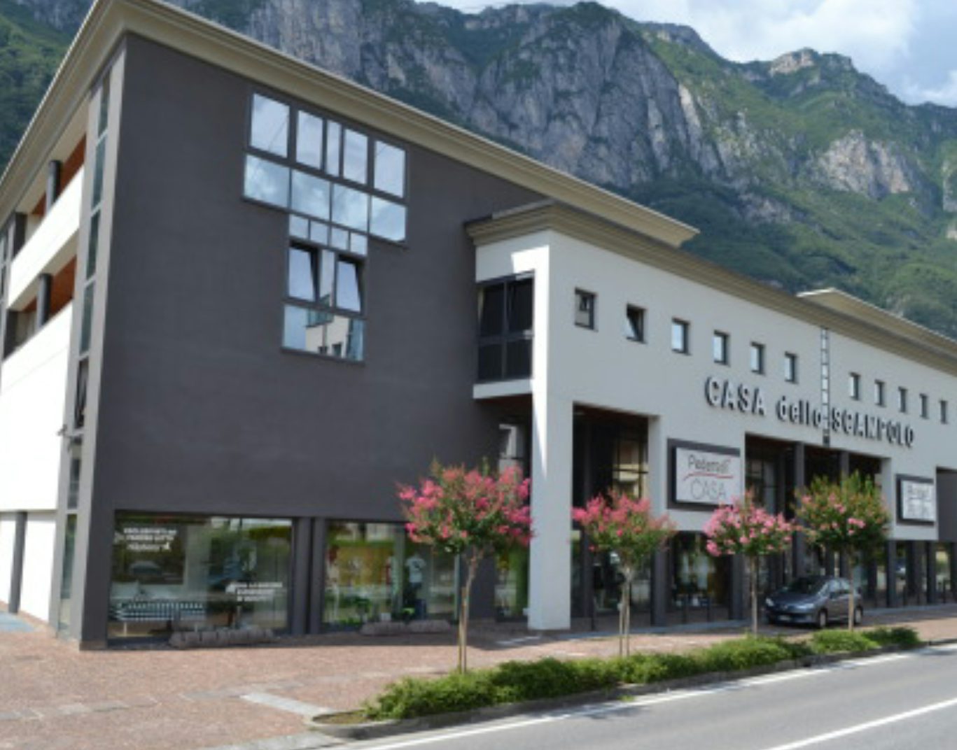 Edificio moderno con facciata bianca e grigia e alberi fioriti davanti, sullo sfondo montagna rocciosa verde.