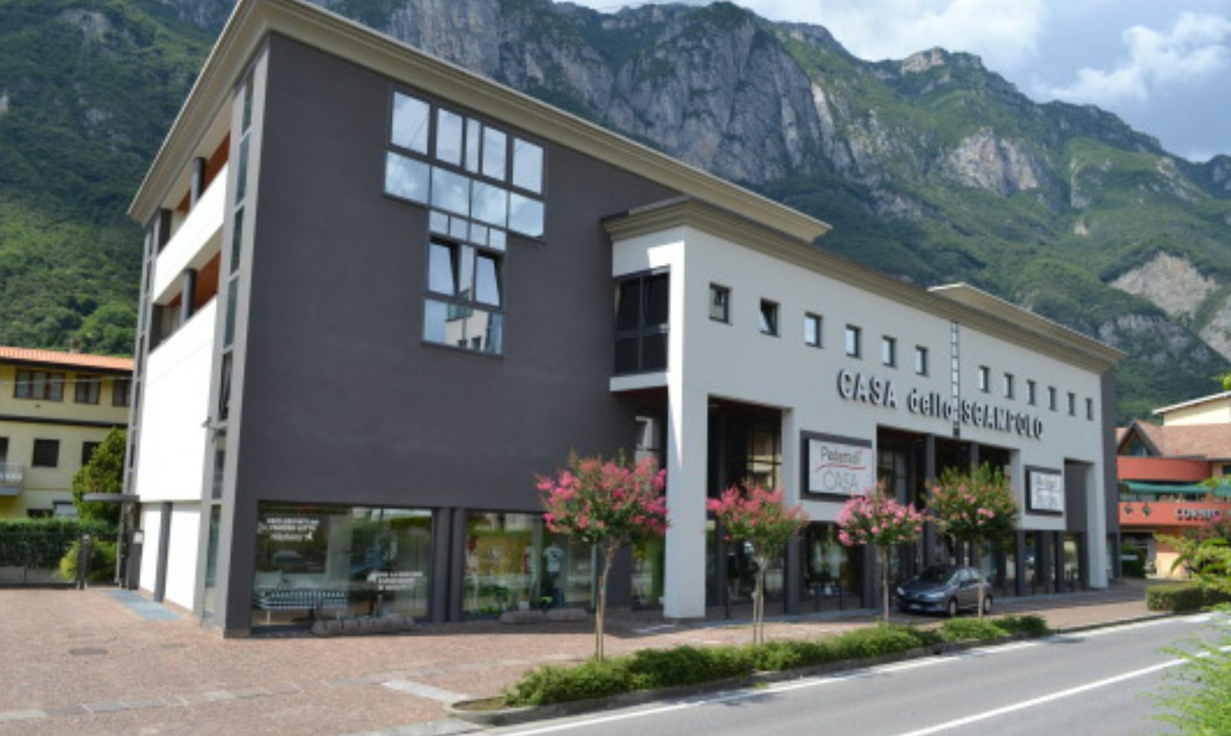 Edificio moderno con facciata bianca e grigia e alberi fioriti davanti, sullo sfondo montagna rocciosa verde.