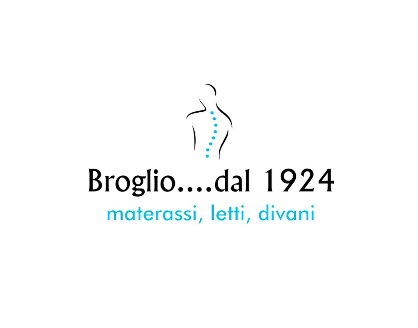 Logo con silhouette di schiena e colonna vertebrale blu, testo Broglio dal 1924 materassi, letti, divani.