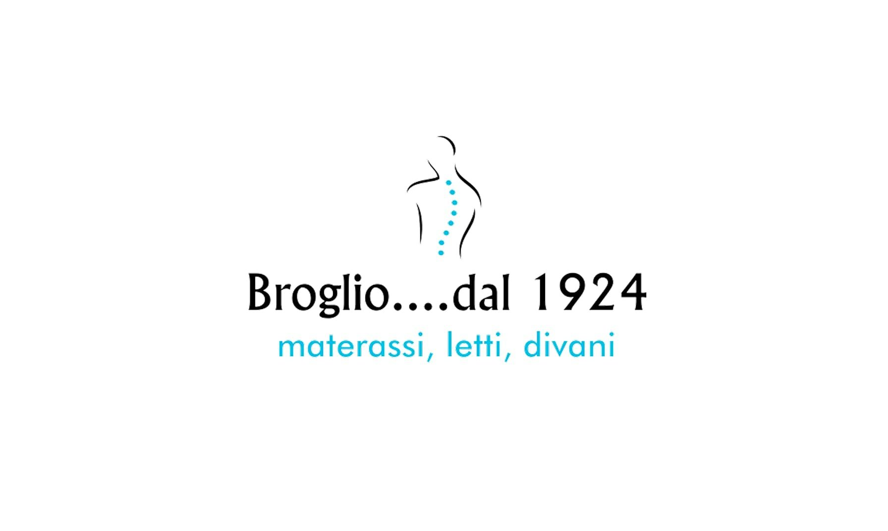 Logo con silhouette di schiena e colonna vertebrale blu, testo Broglio dal 1924 materassi, letti, divani.