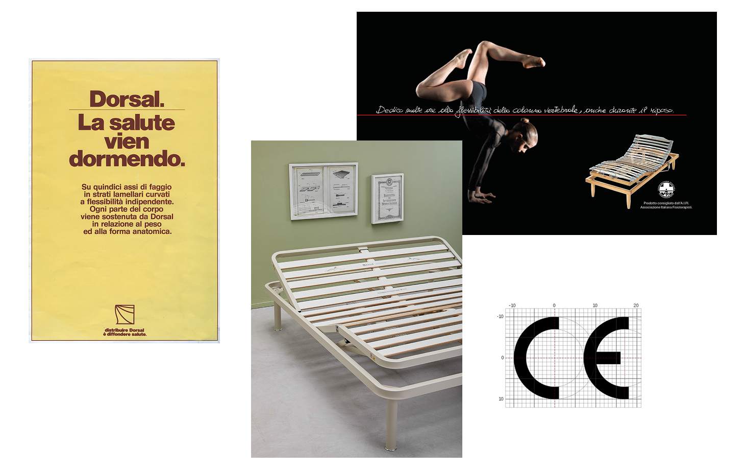 Rete letto regolabile con doghe in legno massello, poster pubblicitario con testo promozionale Dorsal e donna ginnasta in…