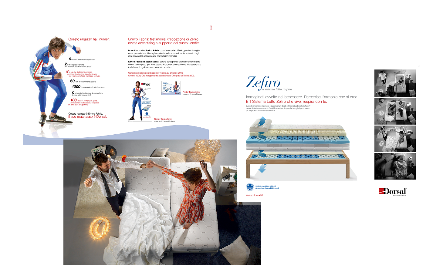 Enrico Fabris in tuta da pattinaggio, testo con dati sportivi e descrizione materasso Dorsal, coppia che balla sopra un…