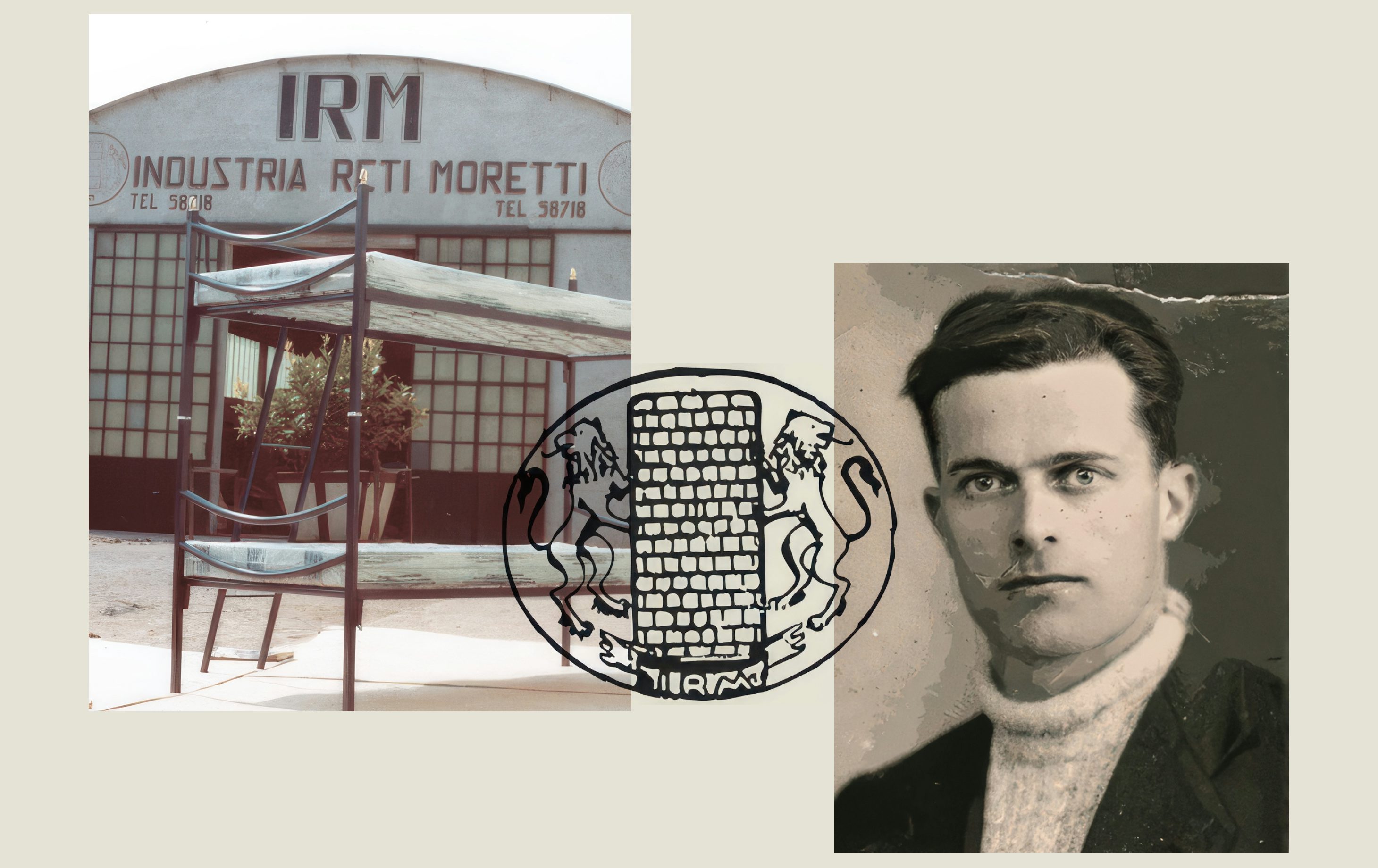 Fabbrica Industria Reti Moretti con struttura metallica e ritratto antico in bianco e nero di giovane uomo in maglione bianco