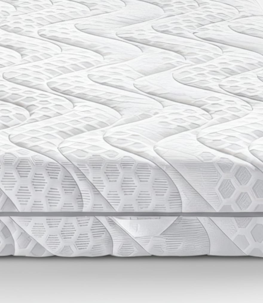 Superficie di materasso bianco con motivo tridimensionale geometrico e texture a nido d'ape.