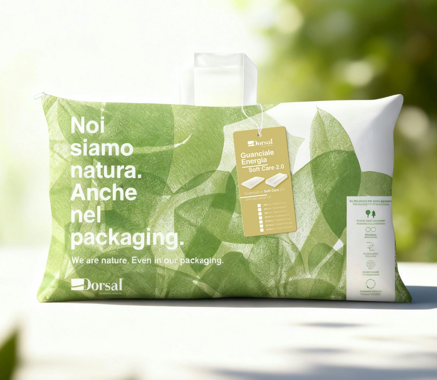 Packaging verde con foglie del guanciale Dorsal Energia Soft Care 2.0 con scritto Noi siamo natura anche nel packaging.