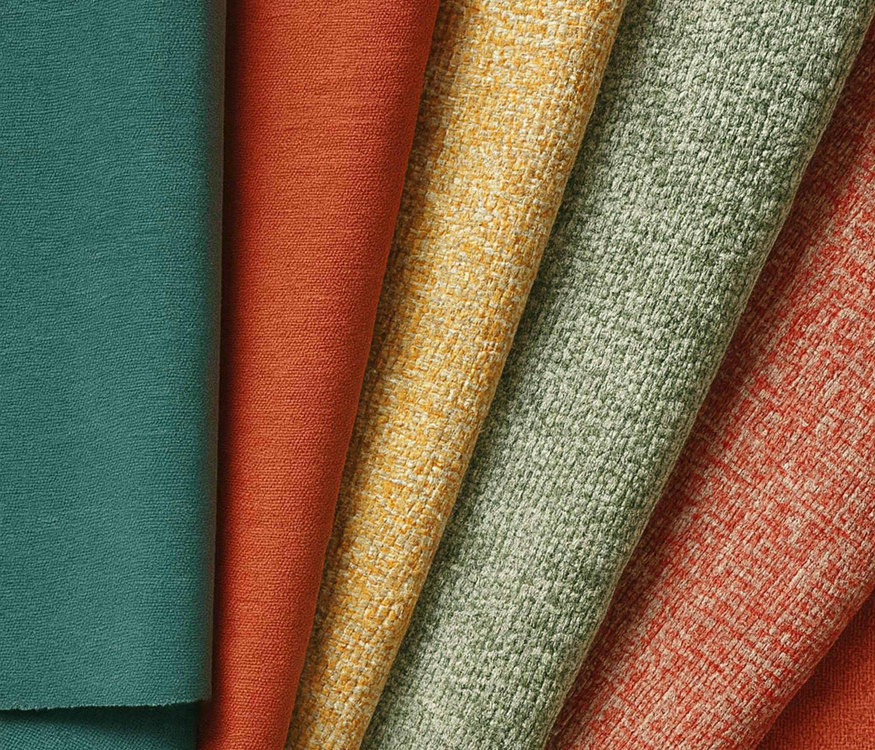 Campione di tessuti arrotolati in diverse trame e colori, dal verde al rosso, passando per giallo e verde salvia.