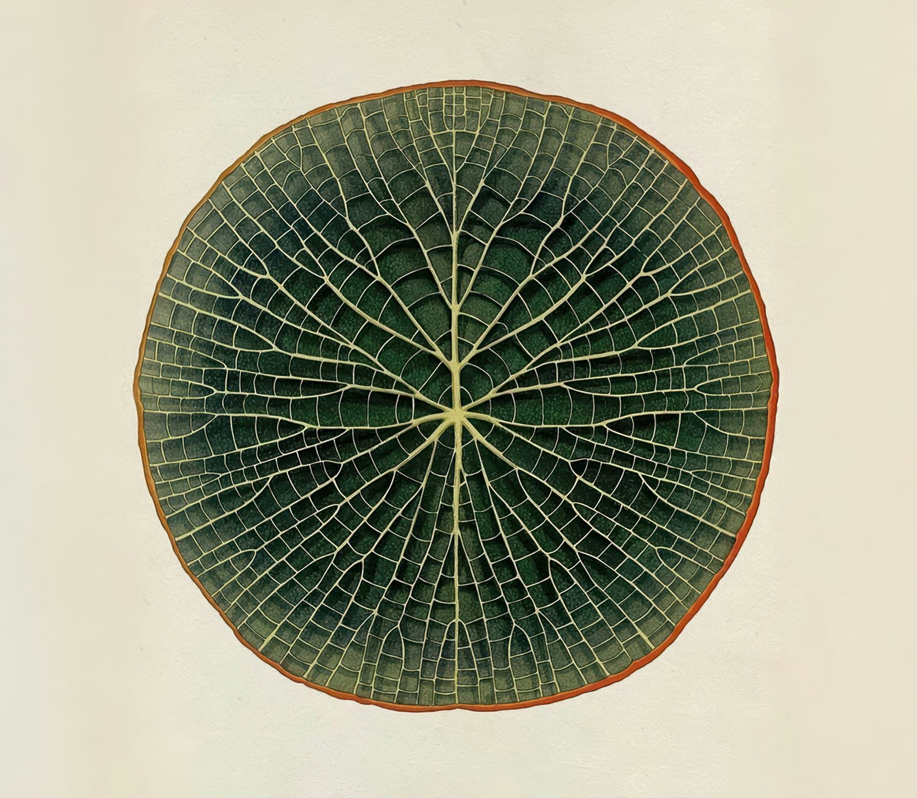 Sezione trasversale di una foglia verde con venature evidenti e bordo arancione su sfondo chiaro.