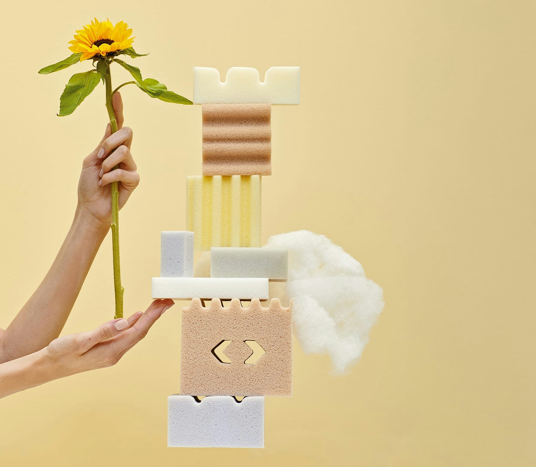 Mani che reggono un girasole e una scultura di pezzi di spugna impilati su sfondo beige chiaro.