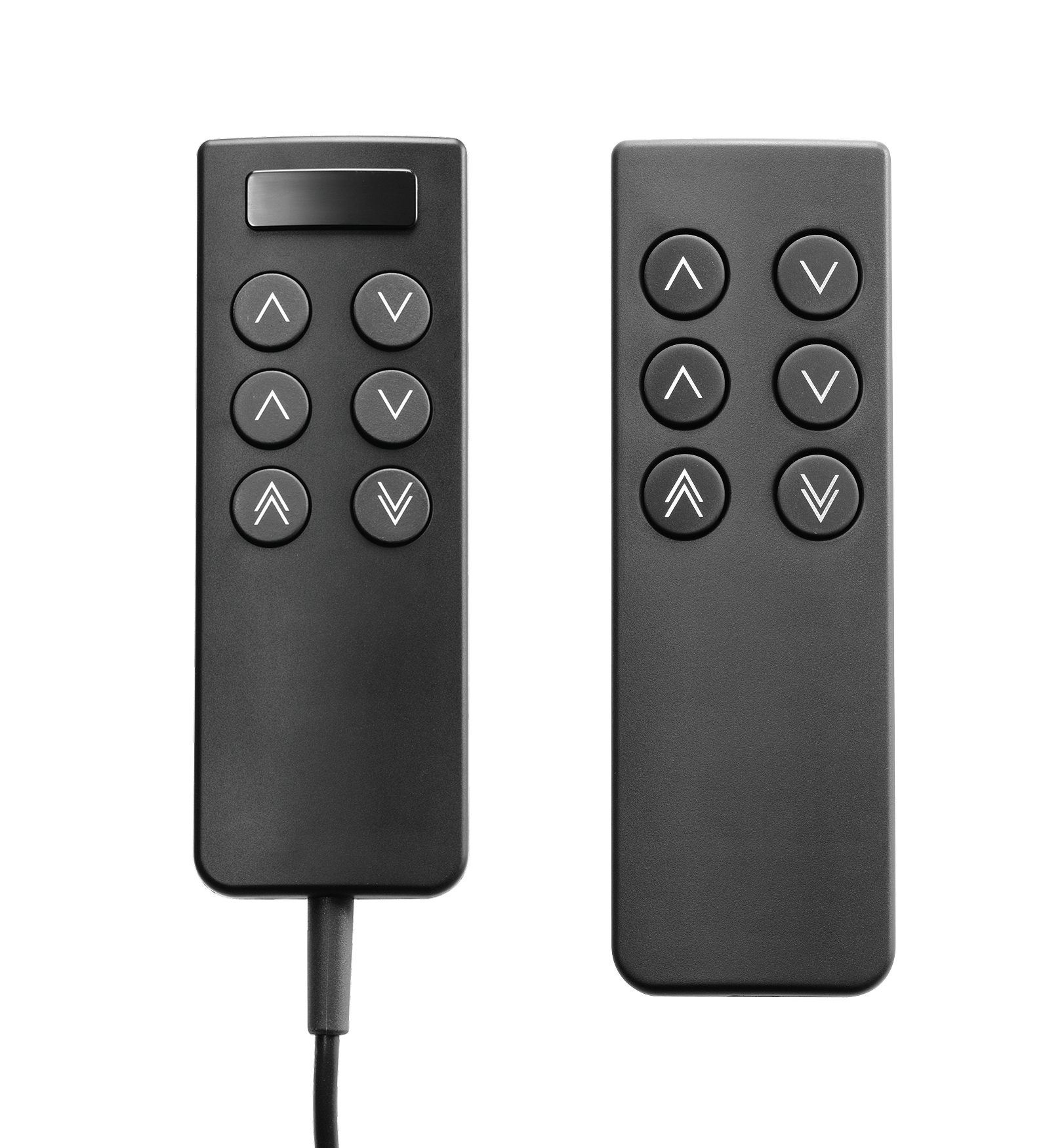 Due telecomandi neri con pulsanti a freccia bianca per su e giù, uno con cavo e l'altro senza cavo.