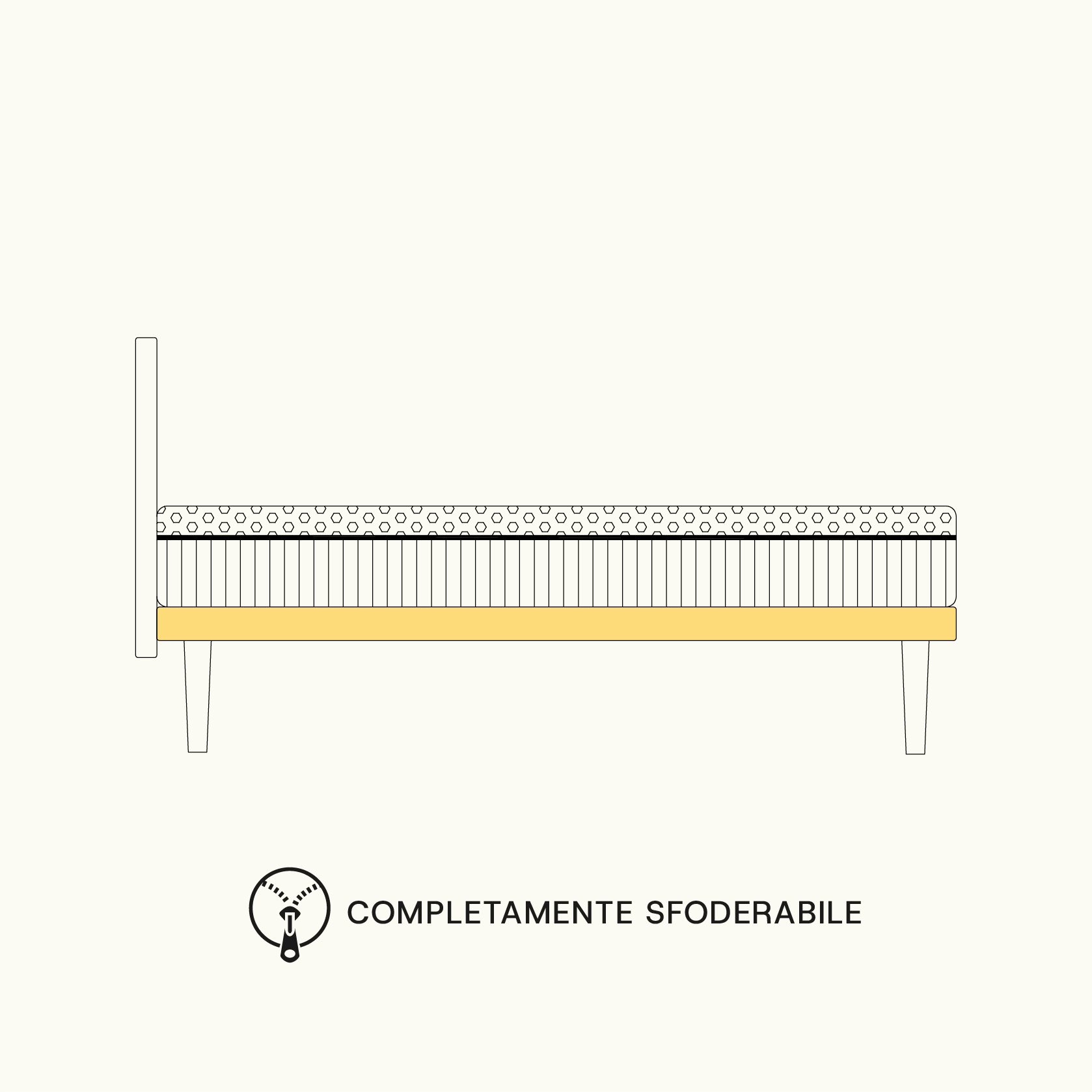 Letto con struttura gialla e materasso a righe e con motivo esagonale, con testo completamente sfoderabile e icona cerniera.