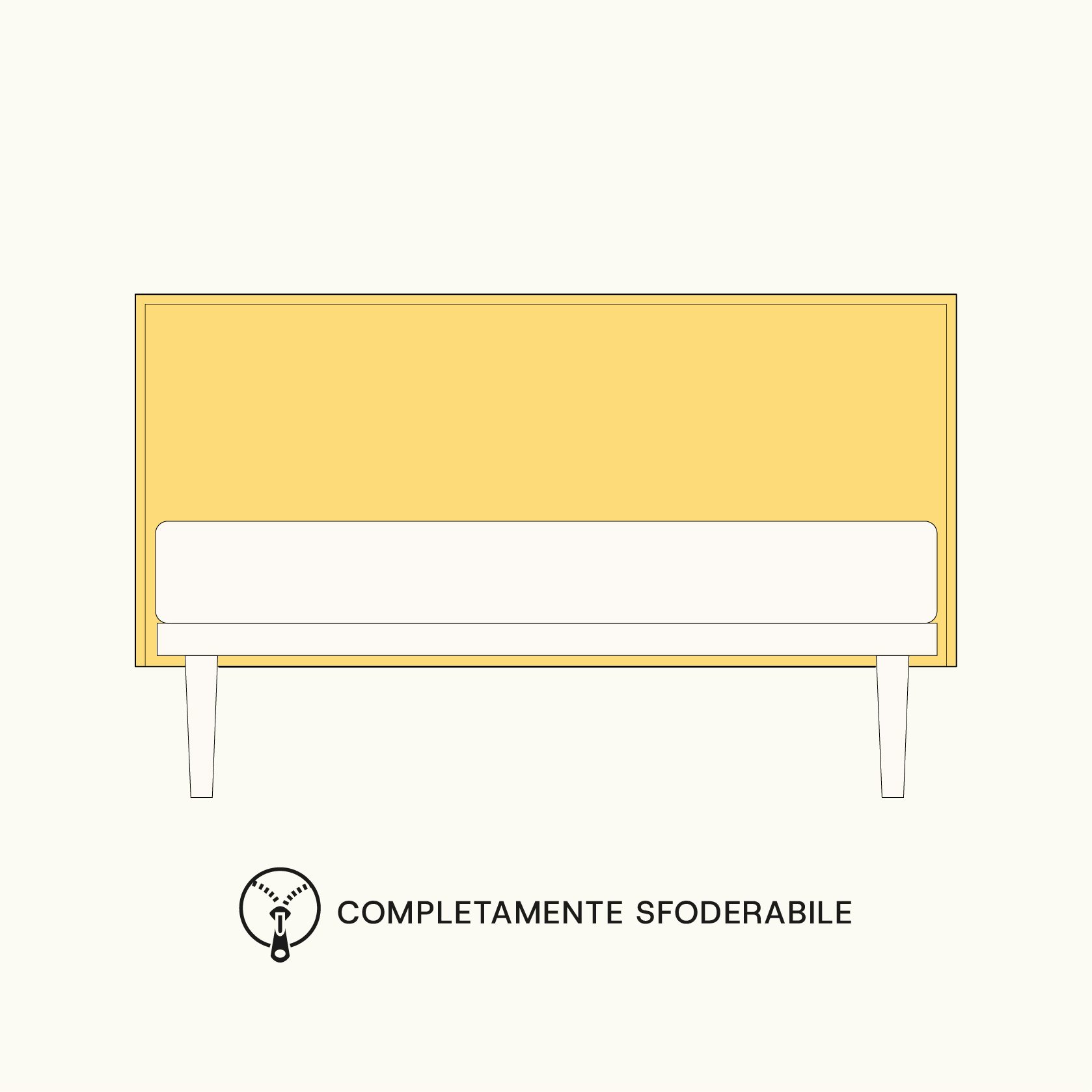 Letto con rete e rete arancione, piedi bianchi e testo completamento sfoderabile con icona cerniera.