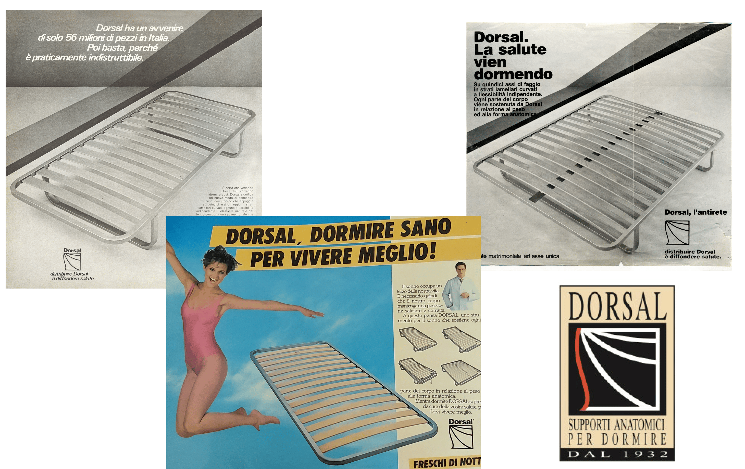 Tre pubblicità vintage per supporti anatomici Dorsal con dettagli tecnici e donna in costume rosa che salta su sfondo…