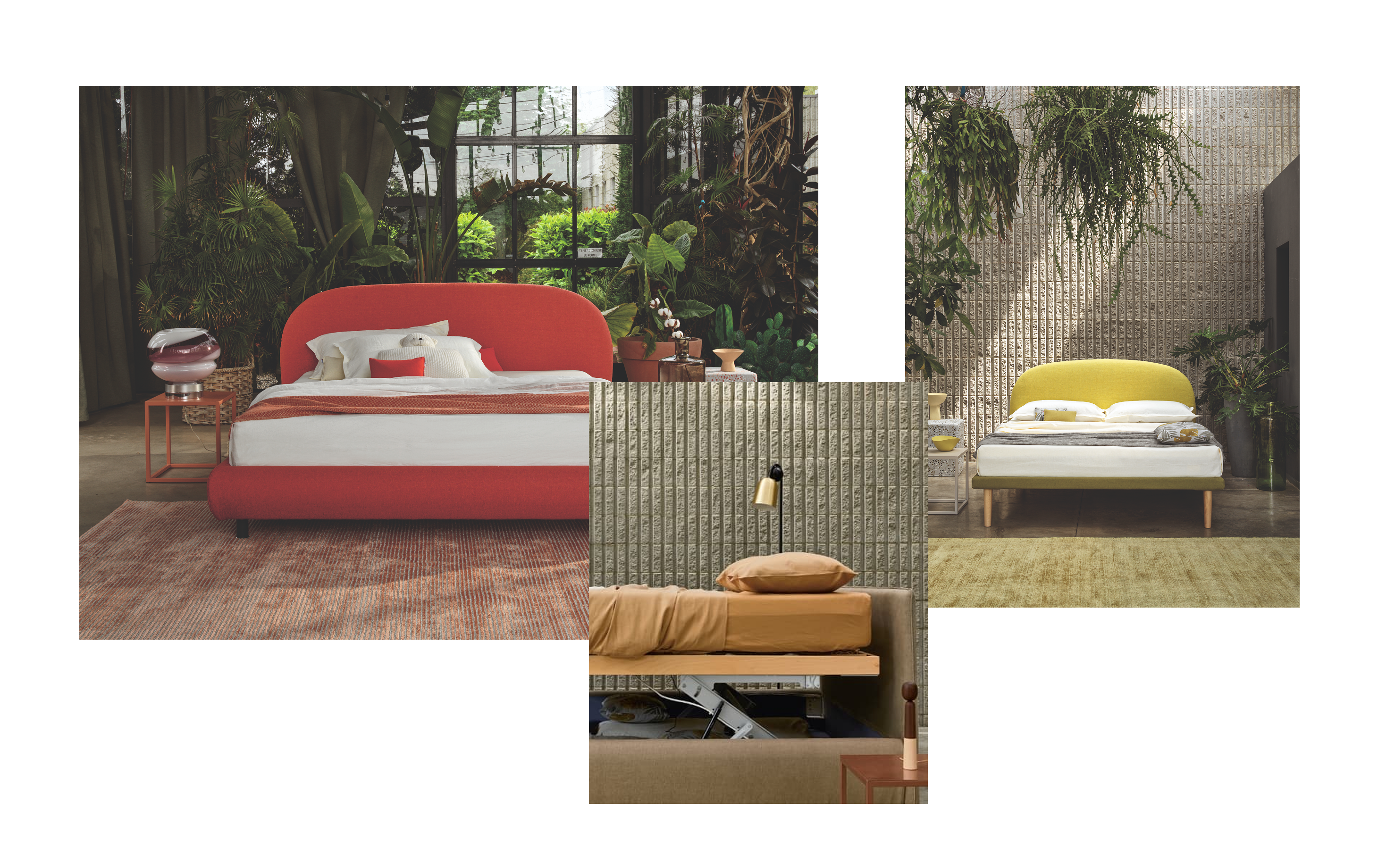 Letti imbottiti moderni in ambienti con piante e pareti in cemento con lenzuola e cuscini coordinati ai colori del letto.