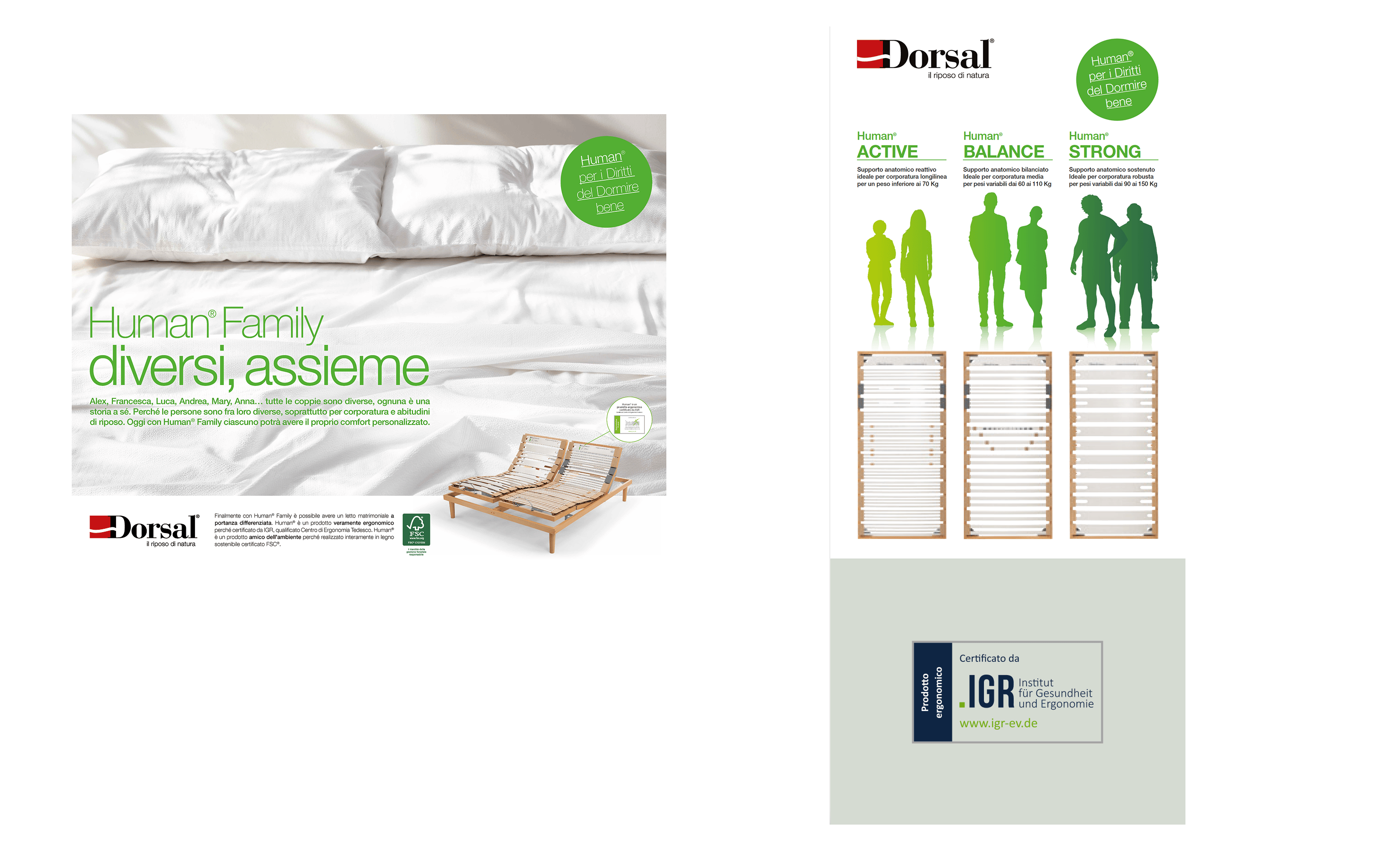 Letto matrimoniale regolabile in legno Dorsal Human Family con supporti attivi, bilanciati e robusti per pesi da 40 a 150 kg.