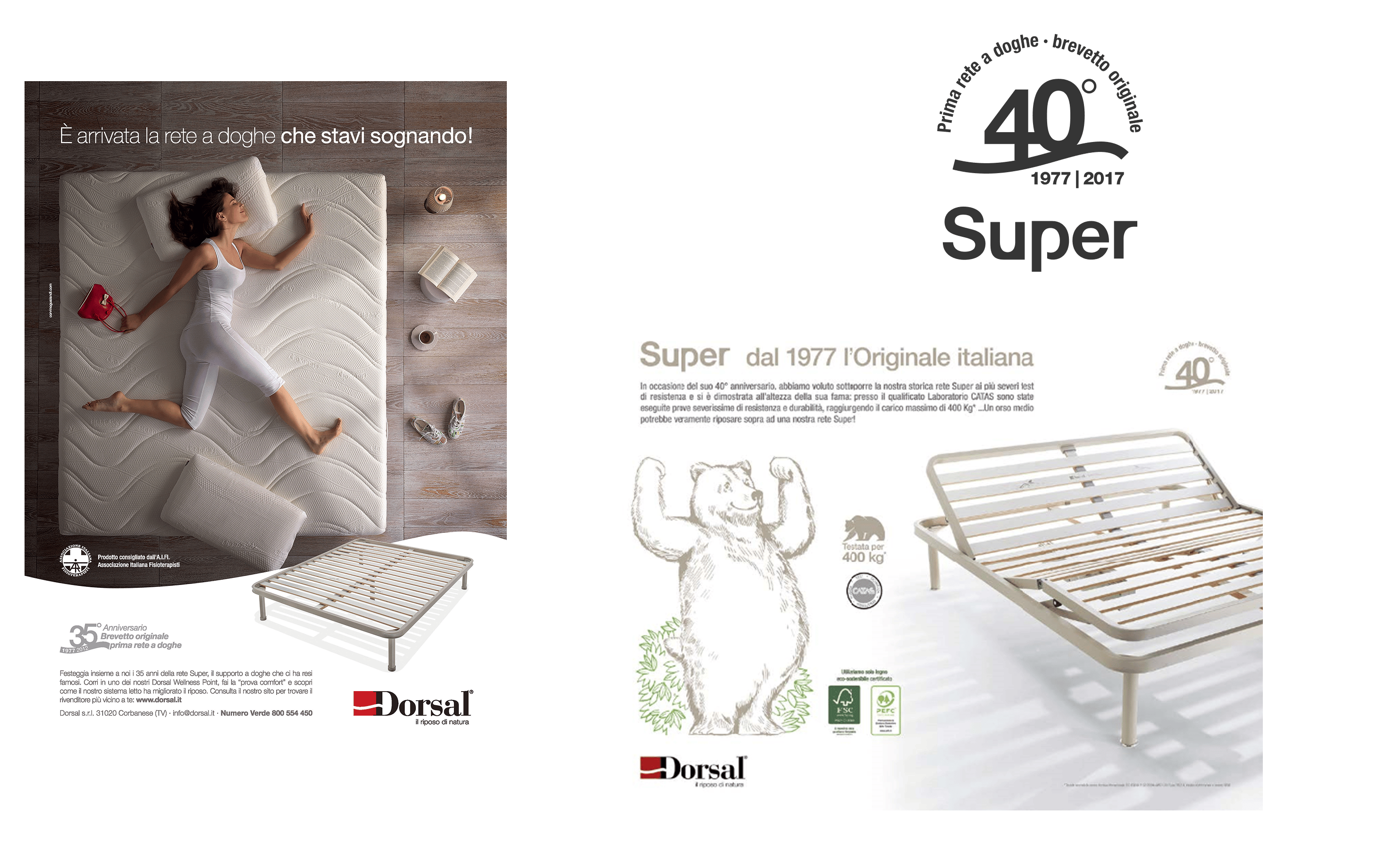 Donna in abbigliamento bianco dorme su rete a doghe Dorsal, accanto libro, tazza e scarpe, logo Dorsal e illustrazione orso.