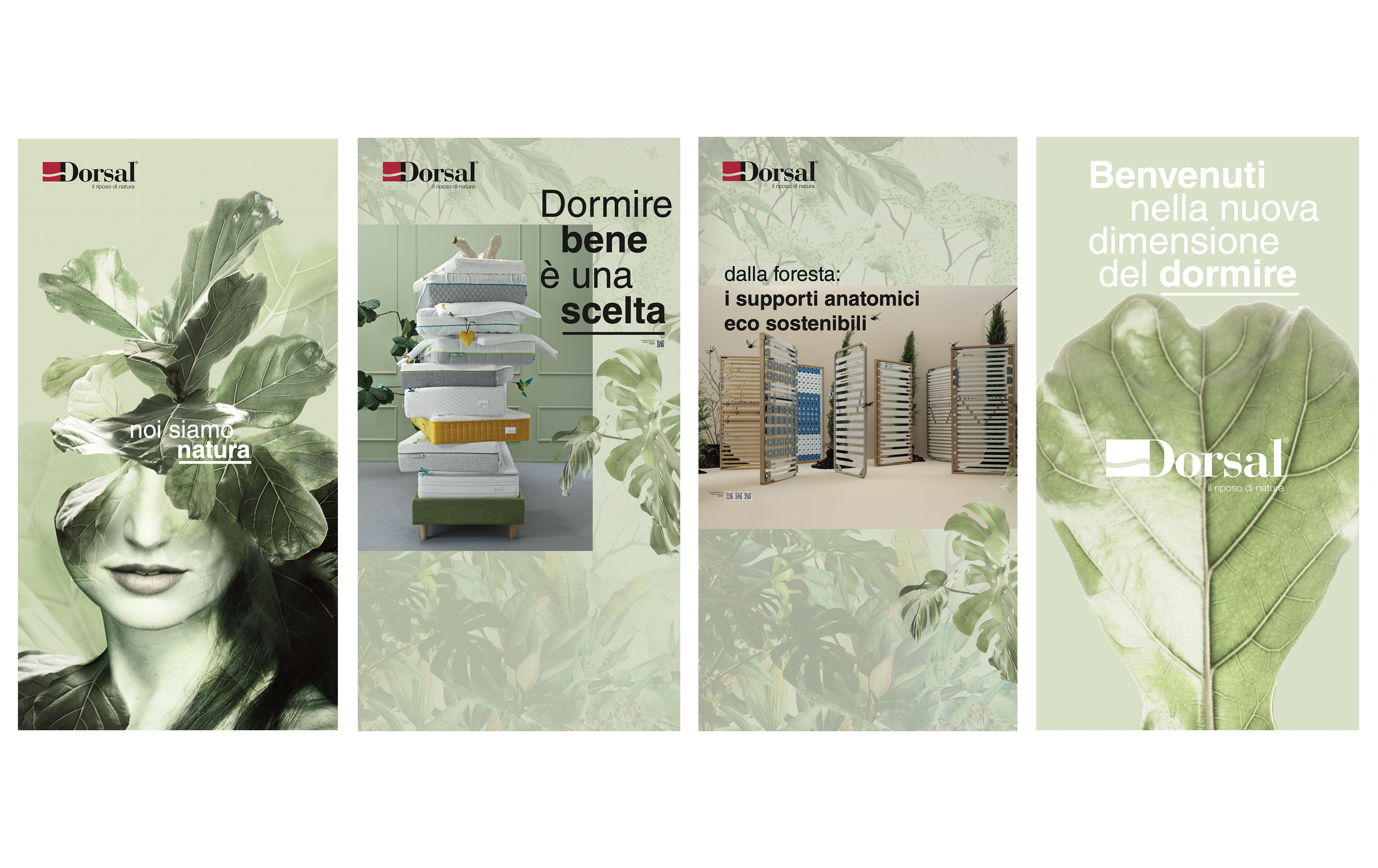 Donna con foglie sulla testa, pila di materassi, supporti anatomici in legno, foglia a cuore con testo Benvenuti nuova…