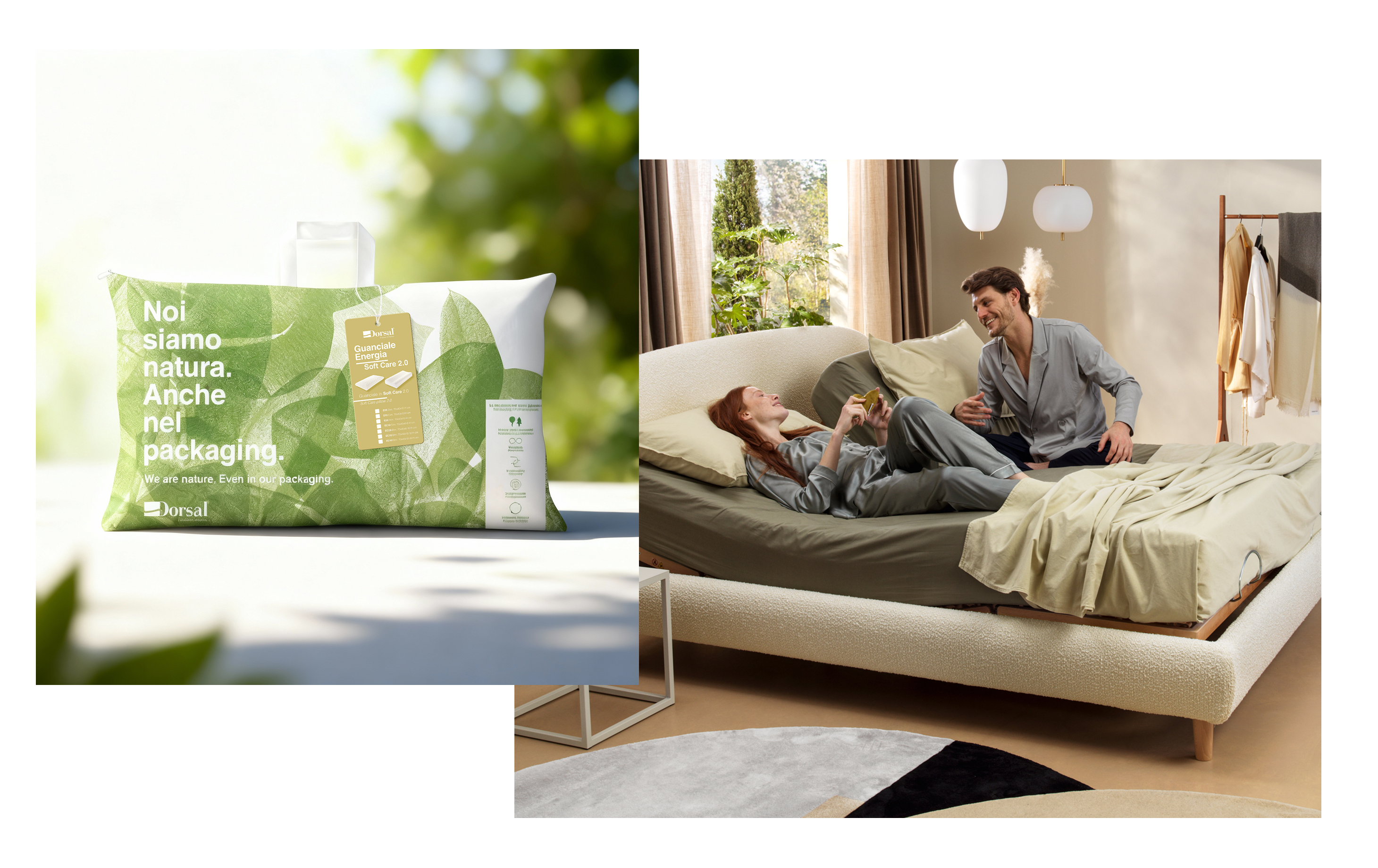 Confezione verde di guanciale Dorsal Energia Soft Care 2.0 e coppia in pigiama rilassata su letto beige in camera moderna.