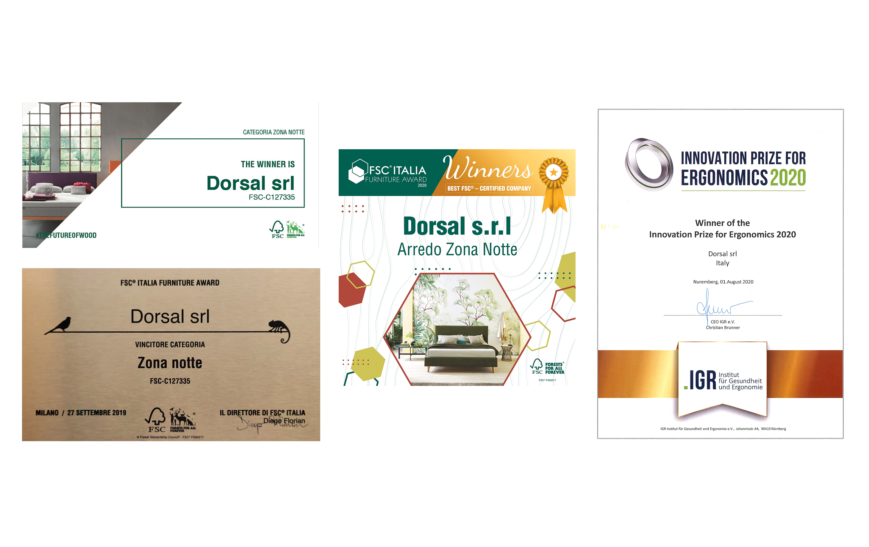 Quattro premi a Dorsal srl per arredo zona notte, FSC Italia Furniture Award 2019-2020 e Innovation Prize for Ergonomics…