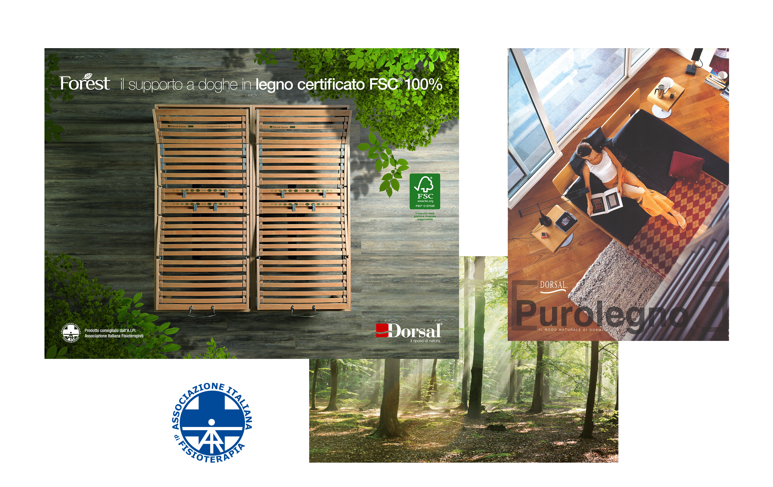 Supporto a doghe in legno certificato FSC 100% con logo Associazione Italiana Fisioterapisti, donna sdraiata su letto in…