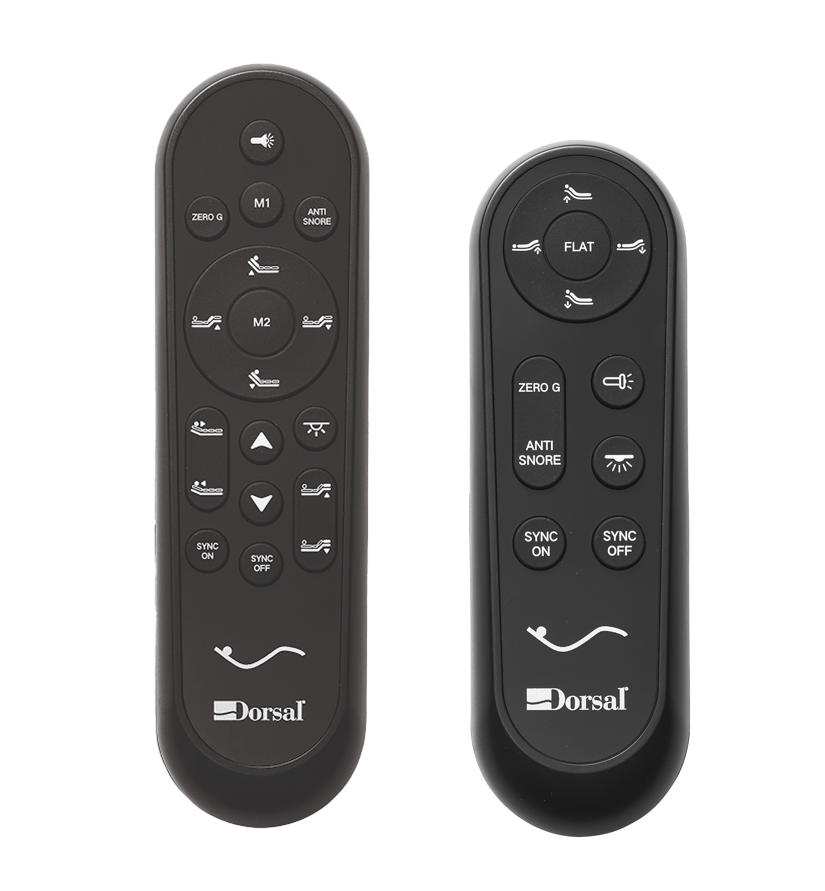 Due telecomandi neri Dorsal con pulsanti per regolazione posizioni letto, funzioni anti-russamento, illuminazione e…