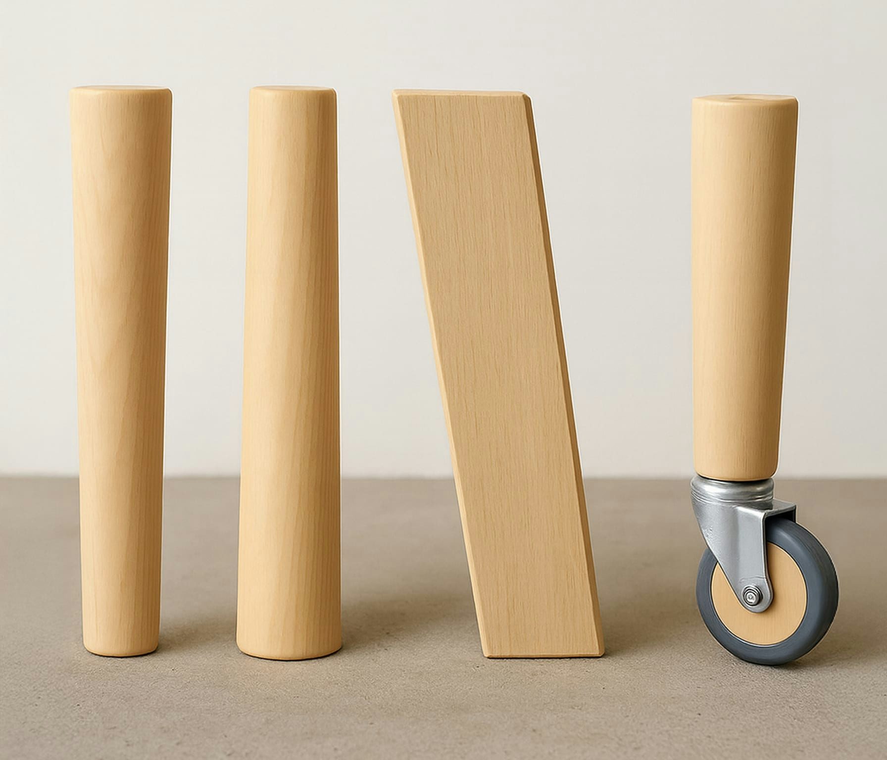 Quattro gambe di supporto in legno chiaro, di cui una con ruota girevole grigia e struttura metallica.
