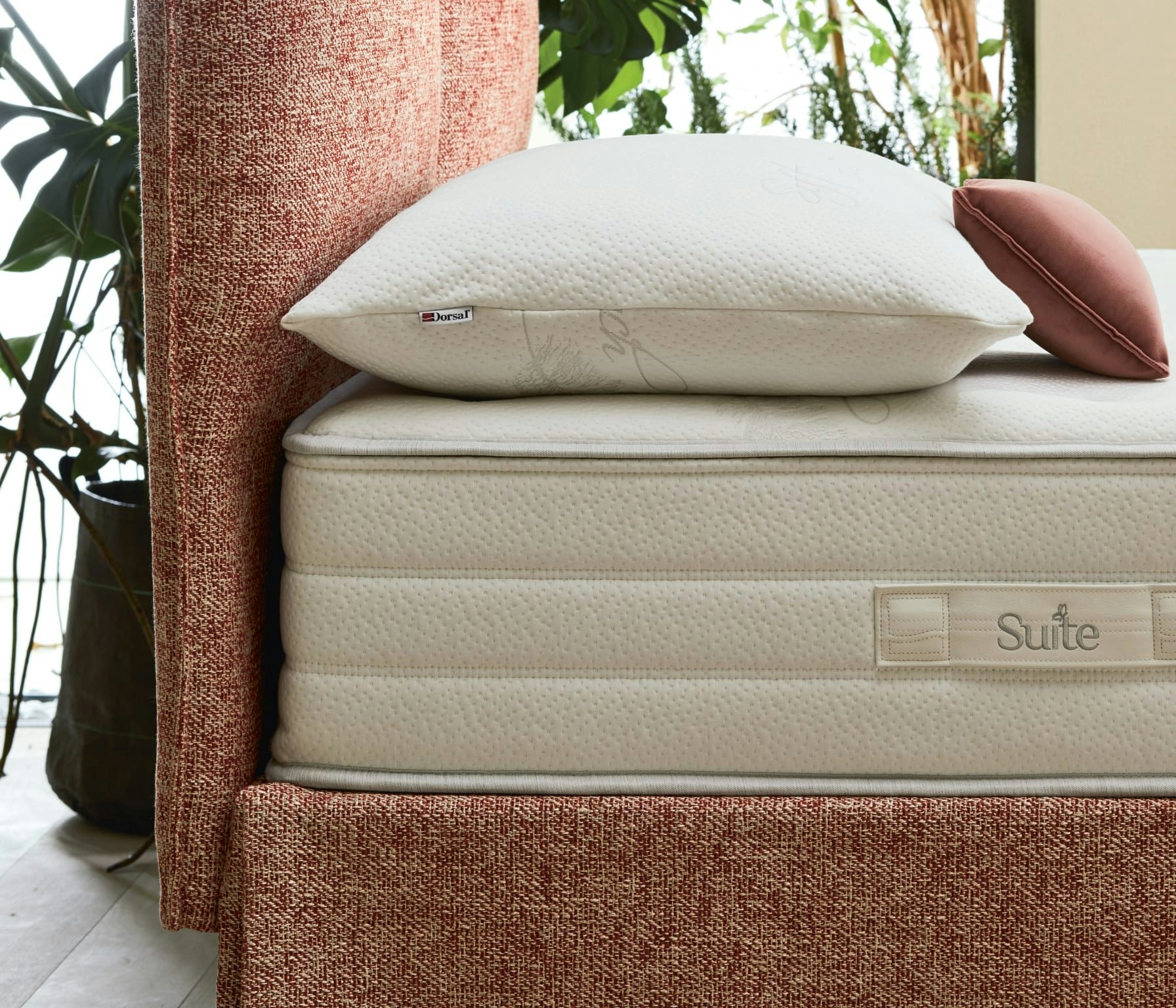 Letto imbottito rosso con materasso e cuscino beige chiaro con scritta Suite e pianta verde sullo sfondo.