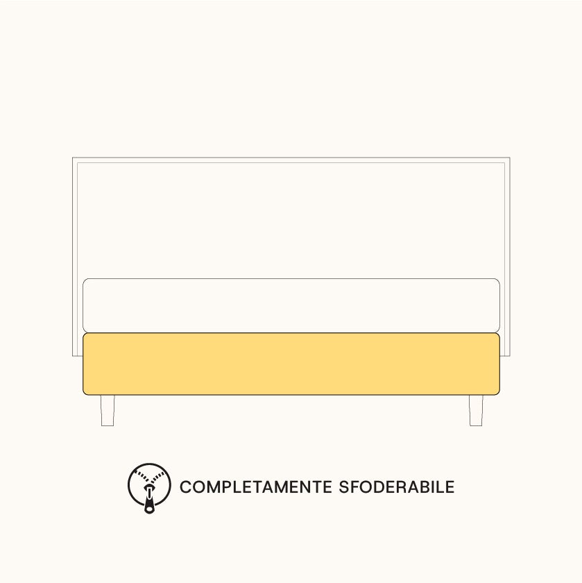 Letto con contenitore giallo completamente sfoderabile con cerniera visibile in basso.
