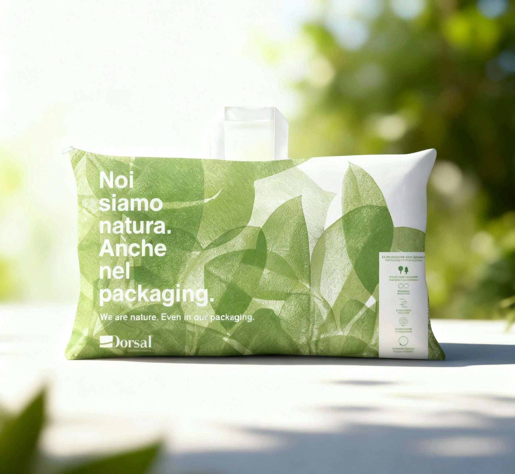 Confezione bianca e verde con foglie stilizzate e scritta Noi siamo natura anche nel packaging.